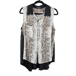 BCBGMAXAZRIA Sleeveless Blouse Womens L Tan Snakeskin Pleated Back High Low